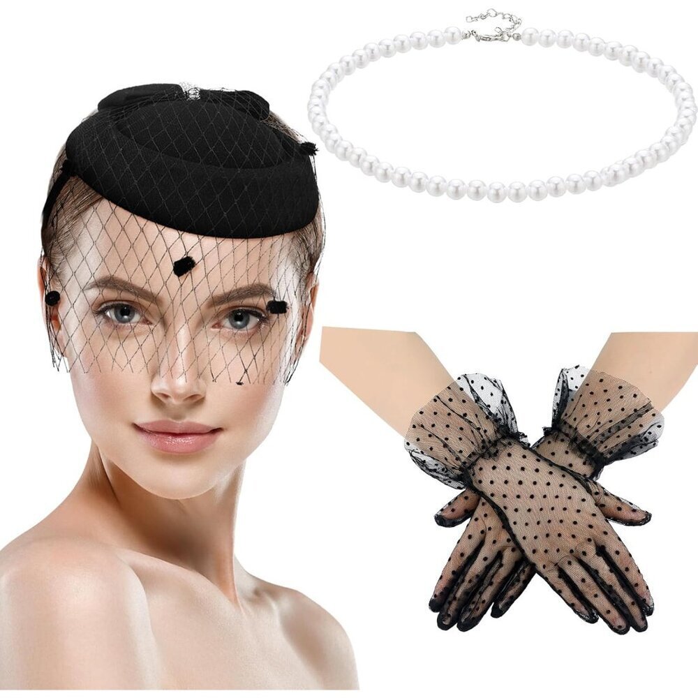 Fascinators Hat Set Mesh Pearls Lace Gloves Necklace Vintage Costume Accessory